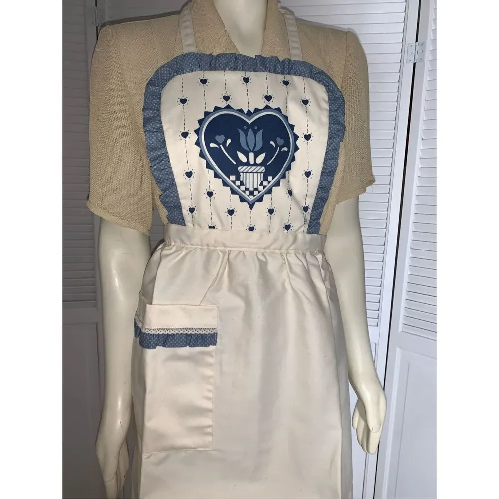 NWOT Vintage Full Apron Blue Country Kitchen Blue Hearts Adult Size‎